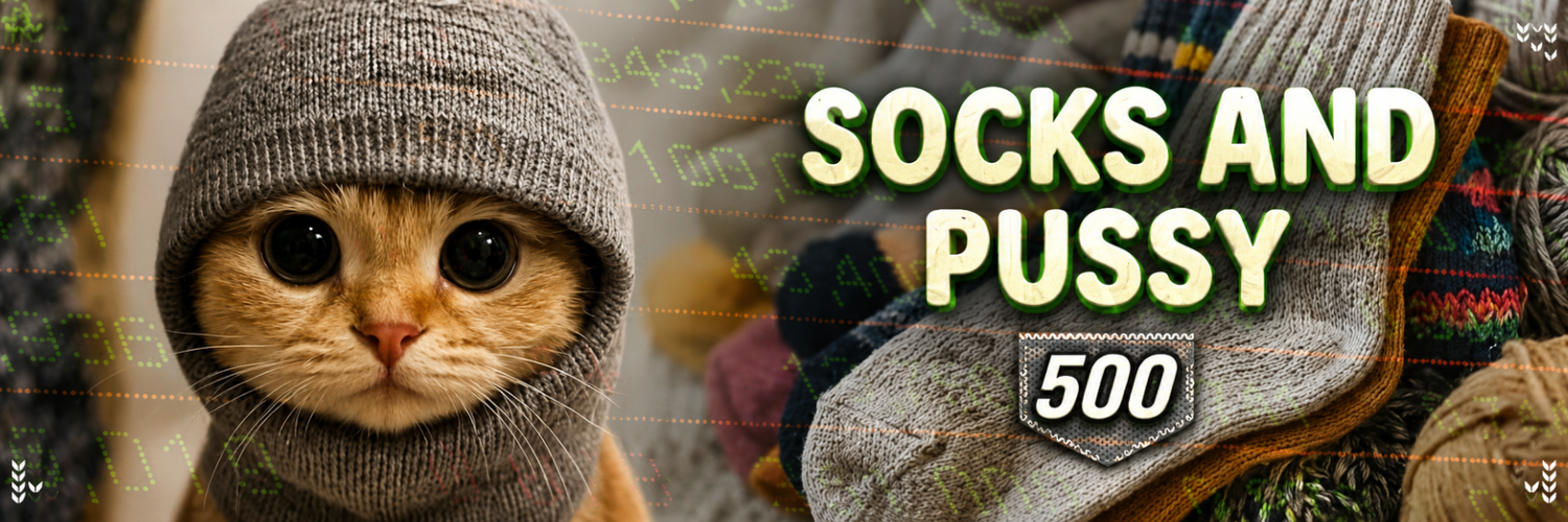 Sock & Pussy 500 banner: ginger cat in a knit hood beside the SNP500 mark